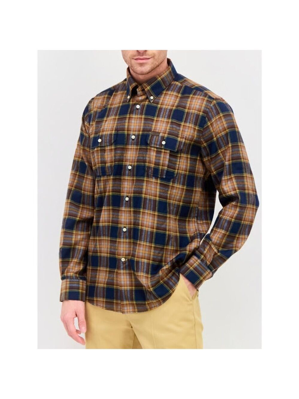 Barbour Singsby Brown Navy Tartan Plaid Button Down Shirt XL